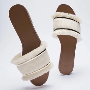 Zara Fringed Flat Sandals - Cream/Brown
